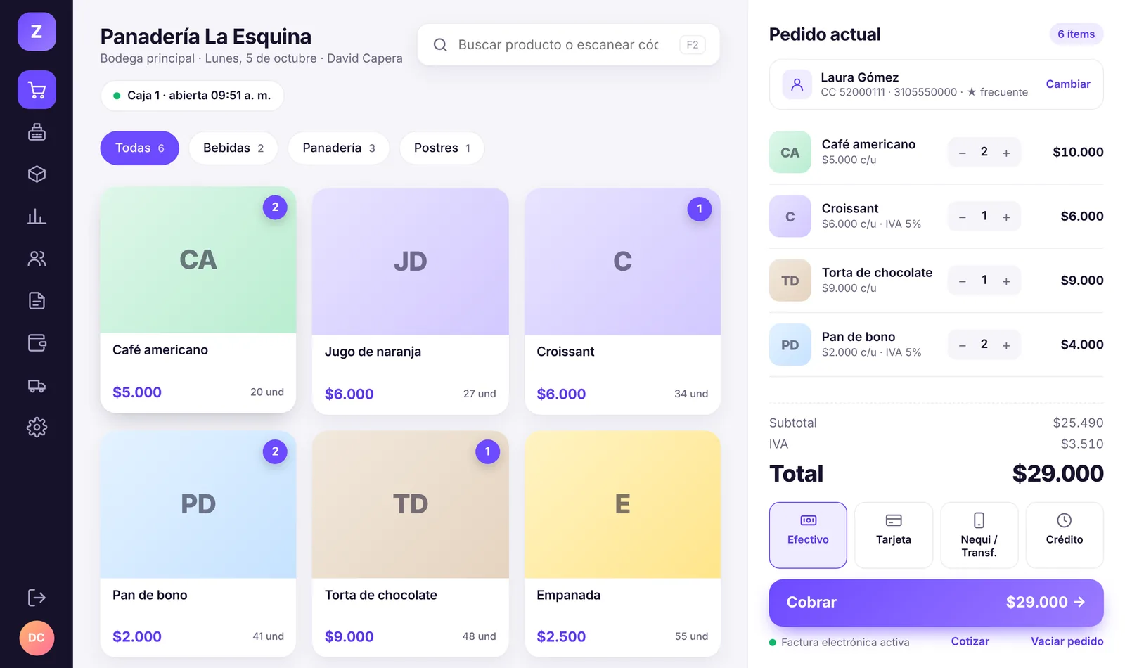 Pantalla de venta de Zenix con productos y el pedido del cliente